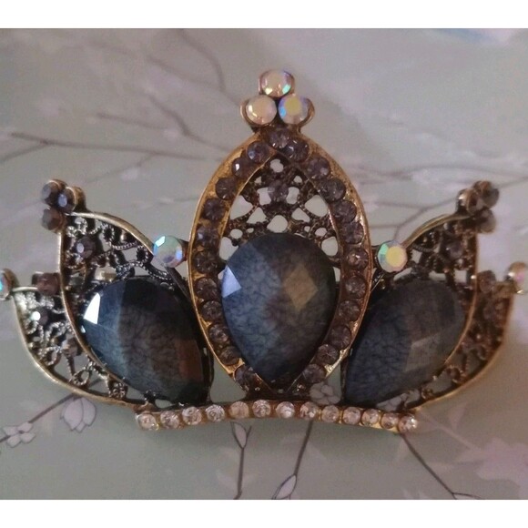 Large Jeweled Ornate Design Hair Clip Rhinestone Crown Black Bronze Elegant NIP - Picture 5 of 5